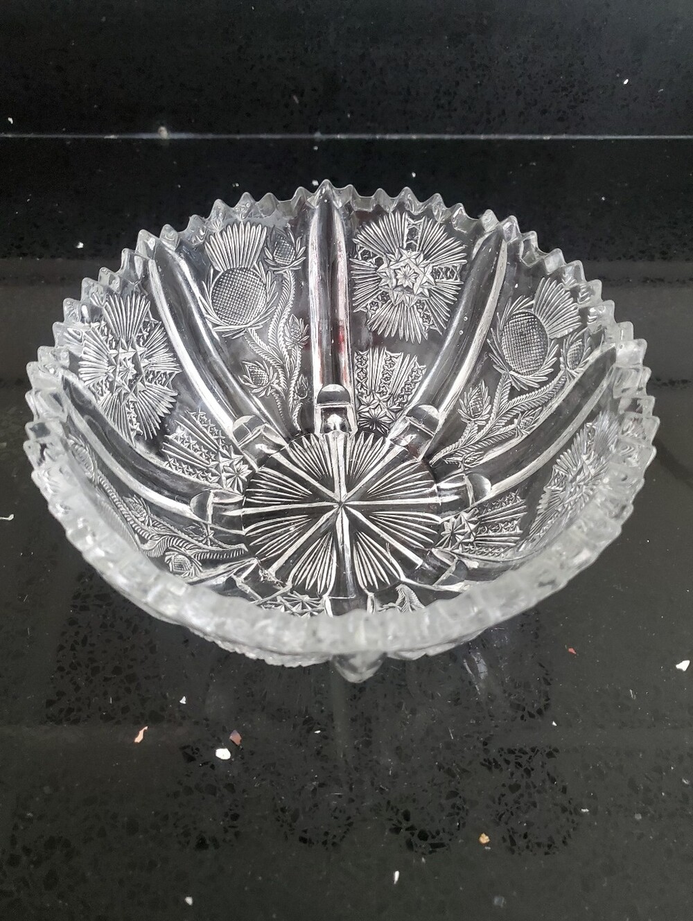 EAP JB Higbee Footed Clear Cut Glass Serving Bowl Saw Tooth Thistle Vintage